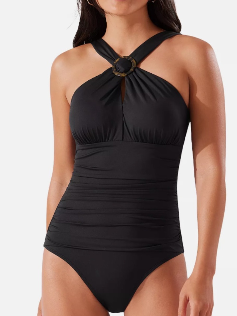Tommy Bahama 12 Swimsuit Black Halter One-Piece Ring Accent Classic Minimalist。